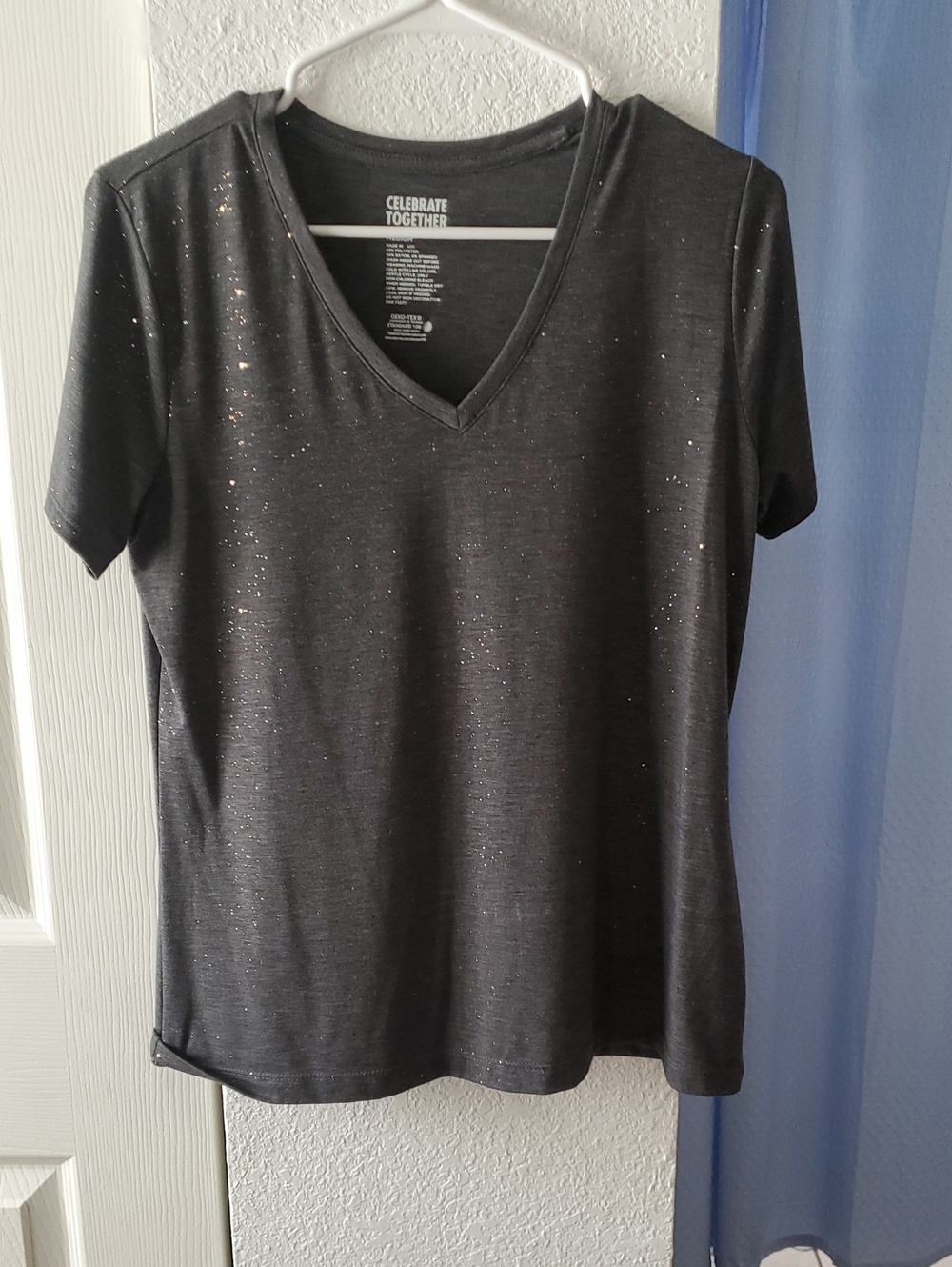 Celebrate Together Black V-Neck Short Sleeve Sparkle Tee